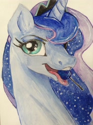 Size: 1936x2592 | Tagged: safe, artist:kp-shadowsquirrel, artist:moonfiredragon, imported from derpibooru, princess luna, female, lollipop, mouth hold, solo, tongue out, traditional art, watercolor painting