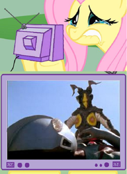 Size: 564x771 | Tagged: safe, imported from derpibooru, fluttershy, kaiju, crying, death, exploitable meme, meme, monster, obligatory pony, sad, tv meme, ultra kaiju, ultraman, zetton