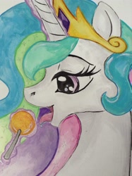 Size: 1936x2592 | Tagged: safe, artist:kp-shadowsquirrel, artist:moonfiredragon, imported from derpibooru, princess celestia, female, licking, lollipop, magic, solo, telekinesis, traditional art, watercolor painting