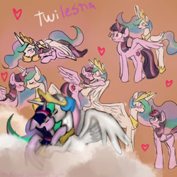 Size: 2000x2000 | Tagged: safe, artist:kmitangol, imported from derpibooru, princess celestia, twilight sparkle, alicorn, butterfly, pony, blushing, eyes closed, female, heart, hug, jewelry, kissing, lesbian, looking at each other, mare, prone, regalia, shipping, smiling, spread wings, surprise kiss, twilestia, twilight sparkle (alicorn), winghug