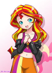 Size: 894x1244 | Tagged: safe, artist:j8d, imported from derpibooru, sunset shimmer, human, equestria girls, belly button, clothes, cute, female, human coloration, humanized, jacket, leather jacket, midriff, shimmerbetes, solo, tanktop