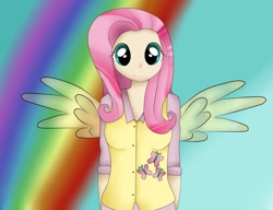 Size: 1024x785 | Tagged: safe, artist:plotuza, imported from derpibooru, fluttershy, human, female, humanized, rainbow, solo, winged humanization