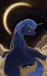 Size: 1000x1618 | Tagged: safe, artist:phiktorial, imported from derpibooru, princess luna, cloud, cloudy, female, floppy ears, missing accessory, moon, night, rear view, solo, spread wings, stars