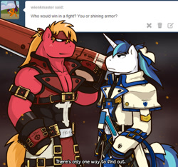 Size: 500x468 | Tagged: safe, artist:redhotkick, imported from derpibooru, big macintosh, shining armor, earth pony, pony, semi-anthro, ask big red macintosh, crossover, guilty gear, ky kiske, male, sol badguy, stallion