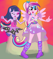 Size: 1280x1422 | Tagged: safe, artist:kuromi, imported from derpibooru, princess cadance, twilight sparkle, equestria girls, rainbow rocks, equestria girls-ified, ponied up, sisters-in-law, teen princess cadance, younger