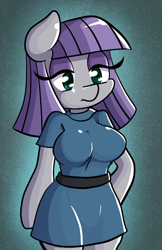 Size: 500x772 | Tagged: safe, artist:quarium, imported from derpibooru, maud pie, anthro, arm hooves, big breasts, bored, breasts, busty maud pie, clothes, dress, eyeshadow, female, makeup, simple background, solo