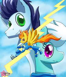 Size: 1000x1152 | Tagged: safe, artist:clouddg, imported from derpibooru, fleetfoot, soarin', spitfire, pegasus, pony, trio, wonderbolts