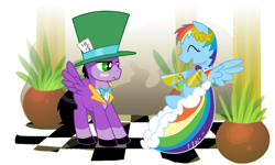 Size: 900x540 | Tagged: safe, artist:ellisarts, artist:ex626akakeon, imported from derpibooru, rainbow dash, oc, oc:skywind, pegasus, blushing, clothes, dress, gala dress, hat