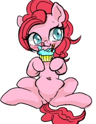 Size: 460x596 | Tagged: dead source, safe, artist:semi-kon, artist:susu, imported from derpibooru, pinkie pie, pony, belly button, blushing, cupcake, cute, diapinkes, eating, female, food, simple background, sitting, solo, tongue out, white background