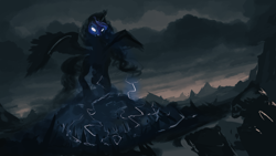 Size: 1200x675 | Tagged: safe, artist:assasinmonkey, imported from derpibooru, princess luna, alicorn, pony, first contact war, female, giant pony, glowing eyes, lightning, lineless, macro, mare, mega luna, scraps, sketch, solo