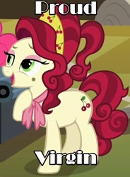 Size: 420x570 | Tagged: safe, edit, edited screencap, imported from derpibooru, screencap, cherry jubilee, pony, blatant lies, female, image macro, mare, meme, solo, stealth pun, text edit, truth, virgin