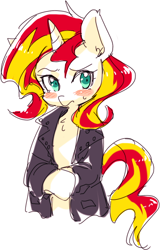 Size: 420x657 | Tagged: safe, artist:megarexetera, artist:re_ghotion, imported from derpibooru, sunset shimmer, pony, blushing, clothes, female, jacket, leather jacket, solo