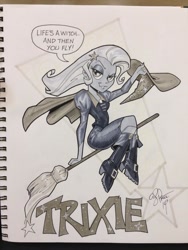 Size: 934x1245 | Tagged: safe, artist:andypriceart, imported from derpibooru, trixie, equestria girls, broom, clothes, dialogue, female, flying, flying broomstick, lidded eyes, looking at you, skirt, smirk, solo, traditional art, witch