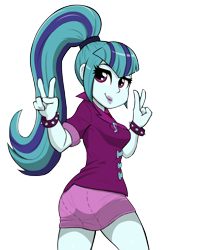 Size: 800x1000 | Tagged: safe, artist:deadsmutanon, artist:livesmutanon, imported from derpibooru, sonata dusk, equestria girls, rainbow rocks, ass, butt, clothes, cute, double peace sign, female, gem, jewelry, looking at you, looking back, looking back at you, miniskirt, necklace, peace sign, ponytail, siren gem, skirt, smiling, solo, sonata donk, sonatabetes, spiked wristband, thighs, wristband