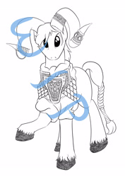 Size: 2480x3507 | Tagged: safe, artist:darkhestur, imported from derpibooru, oc, oc only, original species, armor, jewelry, lineart, male, monochrome, ram, ram horns, solo, wip