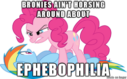 Size: 400x250 | Tagged: safe, imported from derpibooru, pinkie pie, rainbow dash, pony, pinkie pride, aggressive, duo, ephebophilia, humor, image macro, joke, meme, pun, simple background, threatening, transparent background, vector, warning