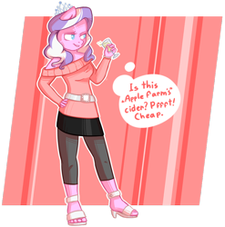 Size: 1024x1038 | Tagged: safe, artist:kyaokay, imported from derpibooru, diamond tiara, anthro, earth pony, plantigrade anthro, cider, clothes, feet, female, high heels, no hooves, older, sandals, solo, sweater