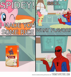 Size: 540x580 | Tagged: safe, imported from derpibooru, apple bloom, pinkie pie, earth pony, human, pony, 60s spider-man, asdfmovie, asdfmovie2, chef's hat, crossover, dark comedy, hat, kitchen, meme, ouch, pun, rice, spider-man, triggered, uncle ben's