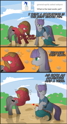 Size: 501x929 | Tagged: safe, artist:cnat, imported from derpibooru, maud pie, oc, oc:pun, cockatrice, earth pony, pony, ask pun, double facehoof, facehoof, female, mare, petrification, pun, rock pun, tumblr, unamused