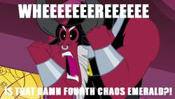 Size: 490x276 | Tagged: safe, imported from derpibooru, screencap, lord tirek, crossover, edgy, image macro, male, meme, scorpan's necklace, shadow the hedgehog, shadow the hedgehog (game), solo, sonic the hedgehog (series), that damn fourth chaos emerald, tirek where is your meme?!