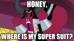 Size: 490x275 | Tagged: safe, imported from derpibooru, lord tirek, frozone, image macro, lucius best, male, meme, scorpan's necklace, solo, the incredibles, tirek where is your meme?!, where is my super suit?