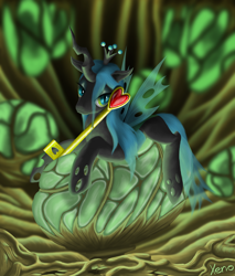 Size: 1700x2000 | Tagged: safe, artist:the1xeno1, imported from derpibooru, queen chrysalis, changeling, changeling queen, crown, female, jewelry, key, regalia, solo