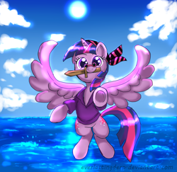 Size: 2723x2649 | Tagged: safe, artist:everlastingderp, idw, imported from derpibooru, twilight sparkle, alicorn, pony, clothes, cute, female, flying, glasses, looking at you, mare, mouth hold, pince-nez, pirate, pointing, shirt, smiling, solo, spread wings, twiabetes, twilight sparkle (alicorn), underhoof, wooden sword