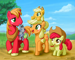 Size: 1000x800 | Tagged: safe, artist:uotapo, imported from derpibooru, apple bloom, applejack, big macintosh, smarty pants, earth pony, pony, accessory swap, apple siblings, applejack plushie, applejack's hat, blushing, cottagecore, cowboy hat, cute, female, hat, jackabetes, macabetes, male, plushie, plushie riding pony, plushies riding ponies, riding, self riding, stallion, uotapo is trying to murder us