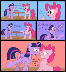 Size: 3500x3856 | Tagged: safe, artist:rapidstrike, imported from derpibooru, pinkie pie, twilight sparkle, alicorn, pony, bagel bites, comic, eating, female, levitation, mare, nervous, pizza, sweat, trademark, twibitch sparkle, twilight sparkle (alicorn)