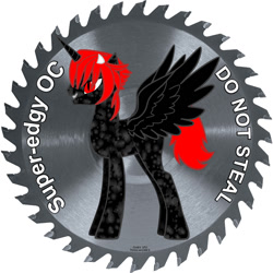 Size: 800x800 | Tagged: safe, imported from derpibooru, oc, oc only, alicorn, pony, pony creator, alicorn oc, caption, devil horns, do not steal, donut steel, edgy, emo, fangs, image macro, meta, mocking, original character do not steal, red and black oc, saw, sawblade, slit eyes, slit pupils, solo