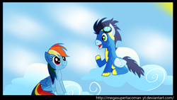 Size: 900x506 | Tagged: safe, artist:megasupertacoman-yt, imported from derpibooru, rainbow dash, soarin', cloud, cloudy, female, male, shipping, soarindash, straight, wonderbolts uniform