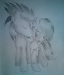 Size: 768x905 | Tagged: safe, artist:skyline14, imported from derpibooru, rainbow dash, soarin', blushing, female, kissing, male, shipping, soarindash, straight, traditional art