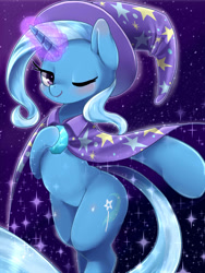 Size: 1200x1600 | Tagged: safe, artist:ayahana, imported from derpibooru, trixie, pony, unicorn, bipedal, blushing, cute, diatrixes, female, glowing horn, horn, magic, magic aura, mare, one eye closed, pixiv, solo, sparkles, wink