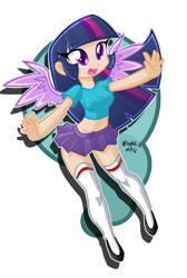 Size: 1681x2500 | Tagged: safe, artist:danmakuman, imported from derpibooru, twilight sparkle, human, belly button, clothes, female, humanized, midriff, miniskirt, short shirt, skirt, solo, t-shirt, thigh highs, twilight sparkle (alicorn), winged humanization, zettai ryouiki