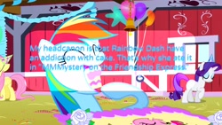 Size: 1920x1080 | Tagged: safe, edit, edited screencap, imported from derpibooru, screencap, rainbow dash, mmmystery on the friendship express, party of one, cake, eating, grammar error, happy, headcanon, obsession, open mouth, rainbow cake dash, text