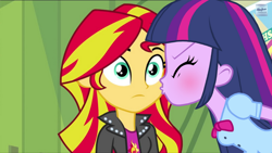 Size: 600x338 | Tagged: safe, edit, edited screencap, imported from derpibooru, screencap, sunset shimmer, twilight sparkle, human, equestria girls, rainbow rocks, cheek kiss, duo, female, kissing, lesbian, love, shipping, sunsetsparkle