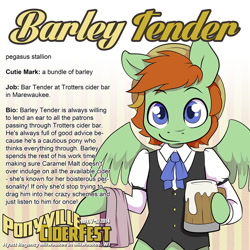 Size: 1000x1000 | Tagged: artist needed, safe, imported from derpibooru, oc, oc only, oc:barley tender, semi-anthro, cider, clothes, convention, ponyville ciderfest