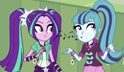 Size: 1240x717 | Tagged: safe, edit, edited screencap, imported from derpibooru, screencap, aria blaze, sonata dusk, equestria girls, rainbow rocks, female, gem, siren gem, whistling