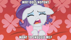 Size: 1920x1080 | Tagged: safe, imported from derpibooru, screencap, rarity, bronybait, image macro, imma snuggle you, meme, snuggling