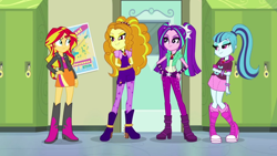 Size: 1280x720 | Tagged: safe, imported from derpibooru, screencap, adagio dazzle, aria blaze, sonata dusk, sunset shimmer, equestria girls, rainbow rocks, eyes on the prize, female, frown, gem, grin, lidded eyes, raised eyebrow, siren gem, smiling, the dazzlings, varying degrees of want, wide eyes