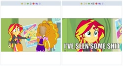 Size: 515x279 | Tagged: safe, edit, imported from derpibooru, screencap, adagio dazzle, sunset shimmer, equestria girls, rainbow rocks, asiago, cheese, face, female, gem, i've seen some shit, meme, potato, siren gem, text, vulgar, wat, what has science done