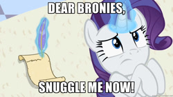 Size: 1280x720 | Tagged: safe, imported from derpibooru, screencap, rarity, bronybait, image macro, imma snuggle you, meme, snuggling