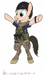 Size: 584x993 | Tagged: safe, artist:orang111, imported from derpibooru, oc, oc only, pony, airsoft, beanie, bipedal, clothes, hat, lbt 6094, ponysona, self portrait, solo