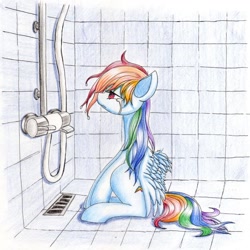 Size: 1024x1024 | Tagged: dead source, safe, artist:unousaya, imported from derpibooru, rainbow dash, pony, crying, female, mare, sad, shower, shower of angst, sitting, solo, traditional art, wet, wet mane