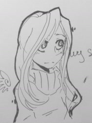 Size: 1208x1609 | Tagged: safe, artist:facerenon, imported from derpibooru, fluttershy, human, female, grayscale, humanized, monochrome, solo