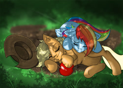 Size: 1400x1000 | Tagged: safe, artist:shnider, imported from derpibooru, applejack, rainbow dash, earth pony, pegasus, pony, apple, crying, dead, eyes closed, female, floppy ears, get, index get, mare, on side, side, underhoof