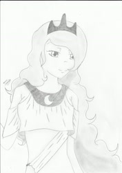 Size: 2481x3507 | Tagged: safe, artist:candy-muffin, imported from derpibooru, princess luna, human, humanized, monochrome, traditional art