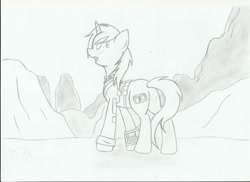 Size: 1024x745 | Tagged: safe, artist:candy-muffin, imported from derpibooru, oc, oc only, oc:littlepip, pony, unicorn, fallout equestria, black and white, clothes, fanfic, fanfic art, female, grayscale, jumpsuit, mare, monochrome, pipbuck, solo, traditional art, vault suit, wasteland
