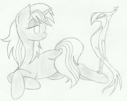 Size: 1024x821 | Tagged: safe, artist:candy-muffin, imported from derpibooru, oc, oc only, oc:pyrelight, oc:velvet remedy, balefire phoenix, phoenix, pony, unicorn, fallout equestria, black and white, fanfic, fanfic art, female, grayscale, hooves, horn, lying down, mare, monochrome, pencil drawing, prone, simple background, traditional art, white background