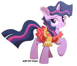 Size: 1000x860 | Tagged: safe, artist:sion, imported from derpibooru, twilight sparkle, unicorn, friendship is magic, alternate hairstyle, bacon hair, clothes, dress, female, looking at you, raised hoof, solo, too poofy, unicorn twilight, wavy hair